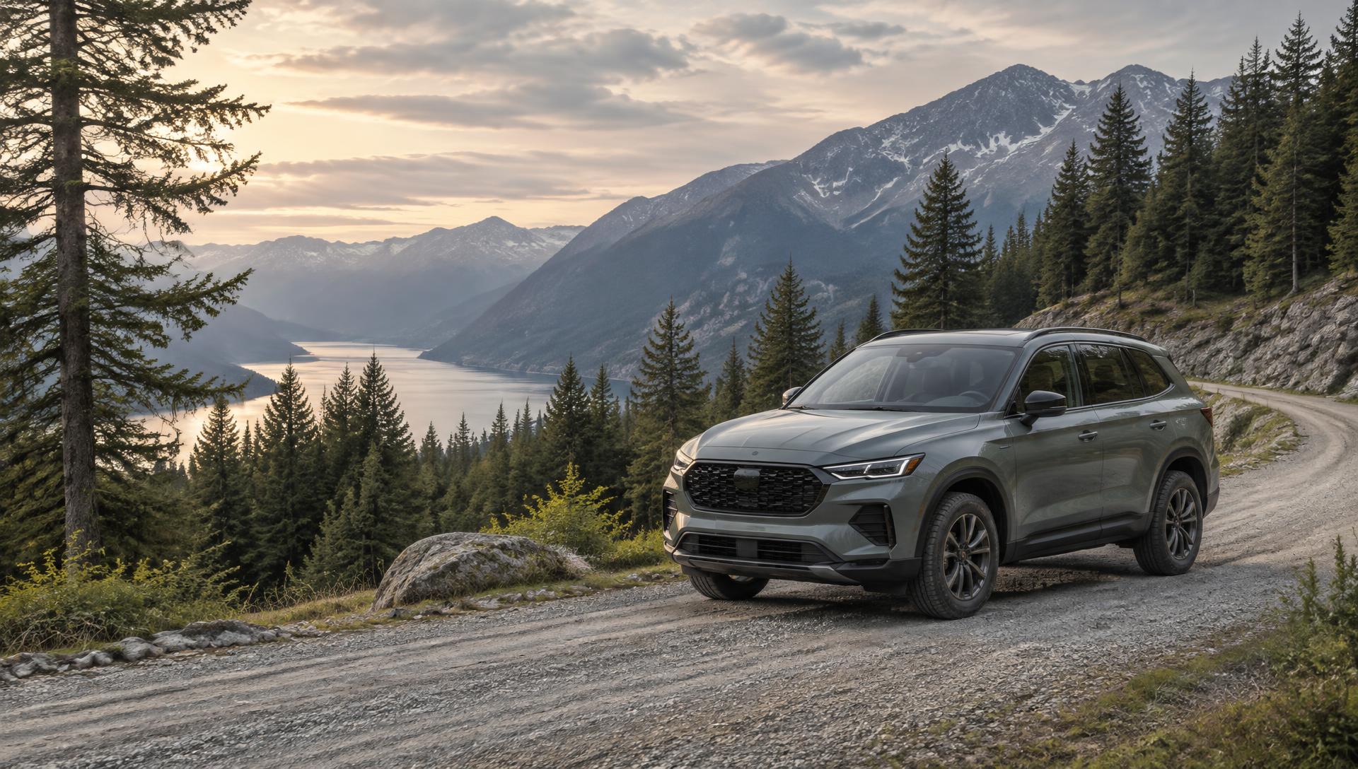 A grey SUV on a gravel mountain road above a forested lake