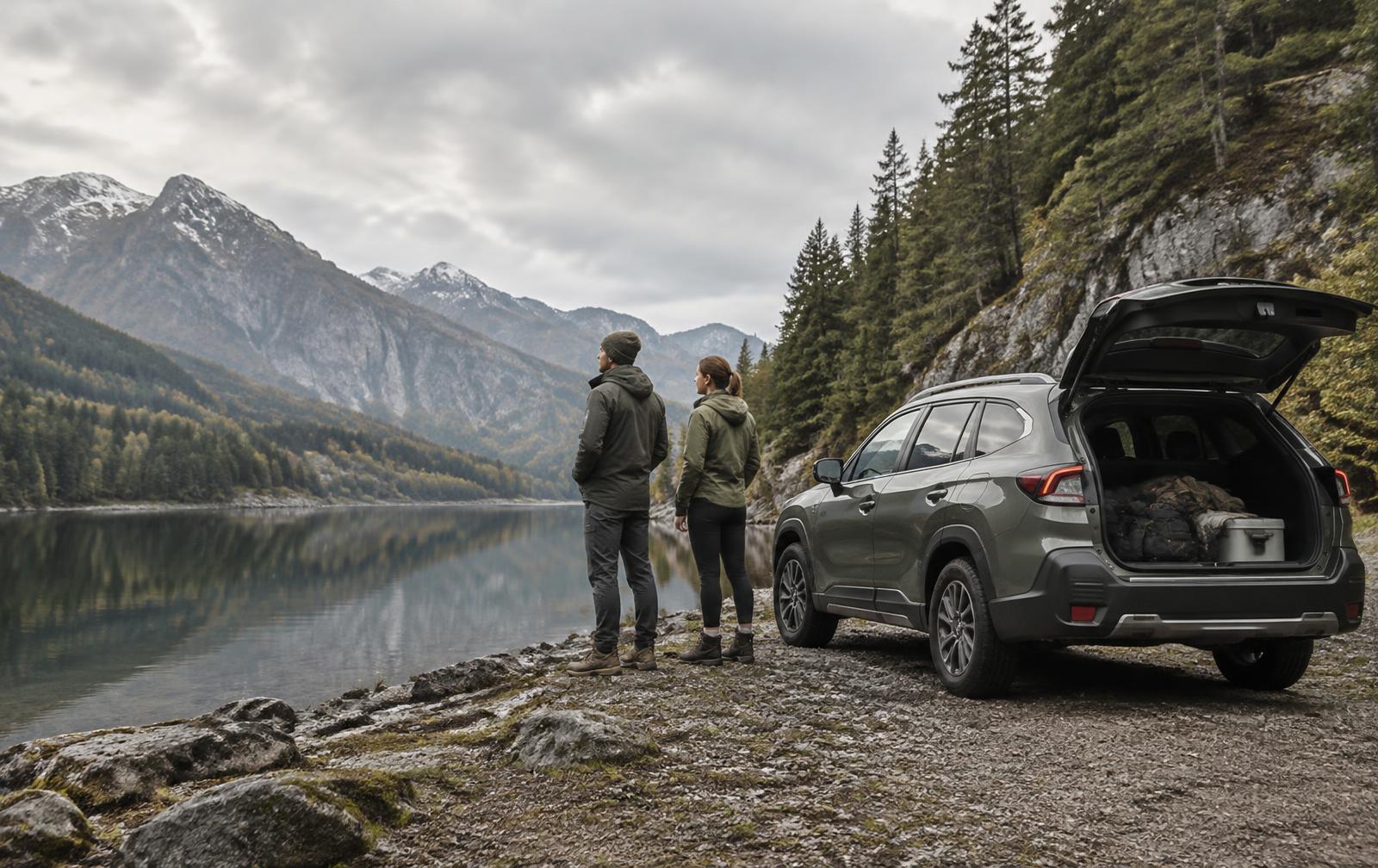 Two travellers beside their parked SUV overlooking a mountain lake